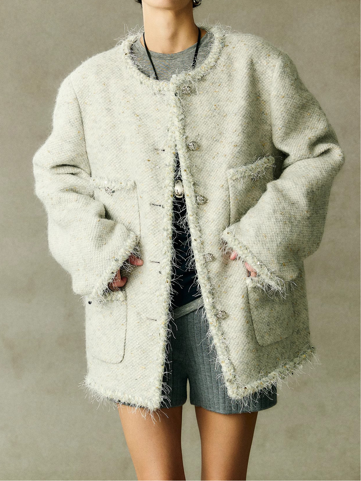 Wool Tweed Fringe Collarless Jacket – Made to Measure