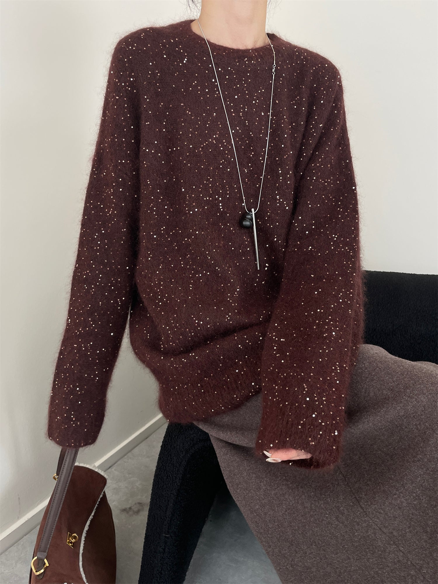 Women’s Premium Mohair Alpaca Wool Sweater | Soft Brushed Knit Pullover with Sequin Yarn for Winter