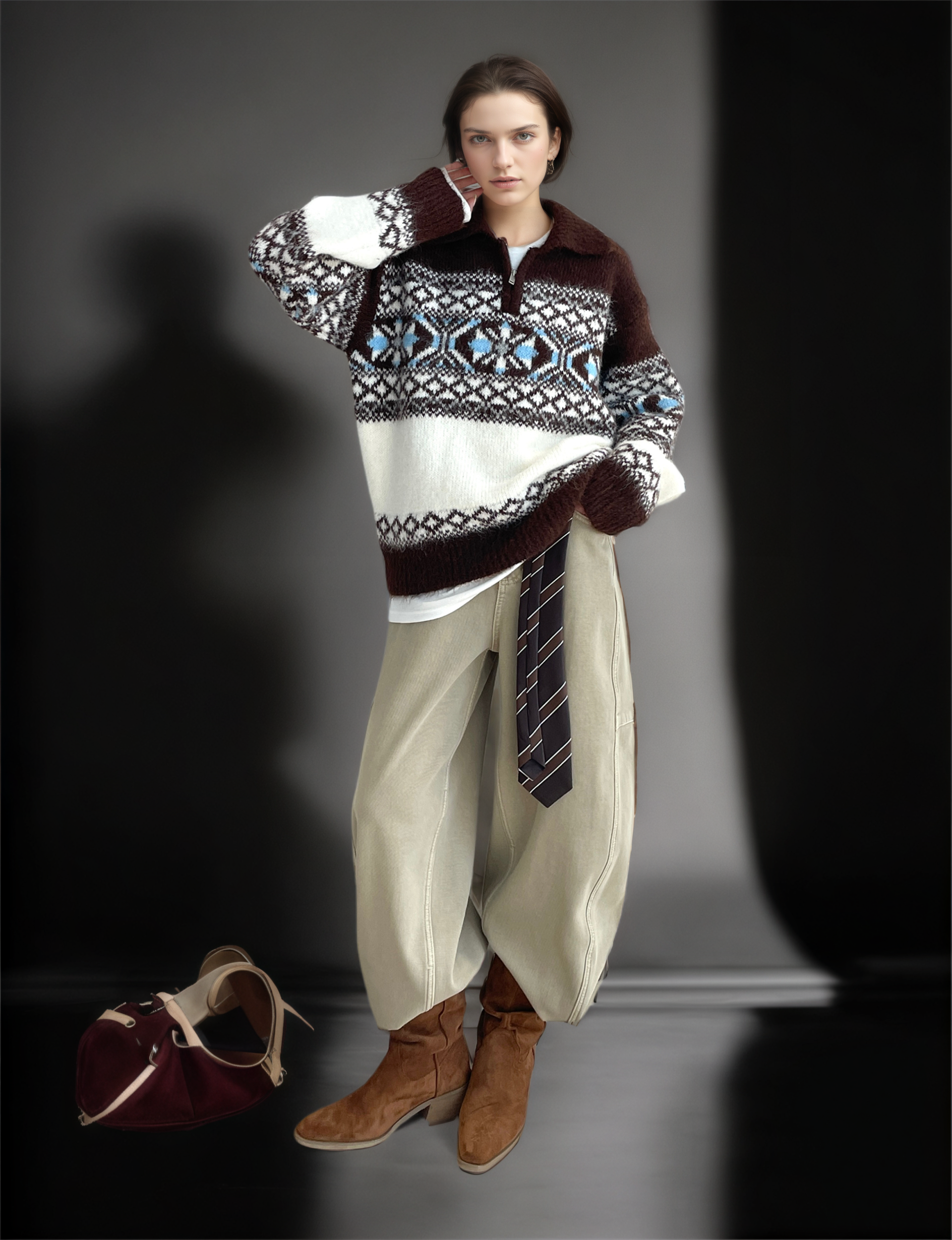 Women’s Fleece-Lined High-Waist Jeans | Unique Deconstructed Wide-Leg Denim Pants with Belt for Winter