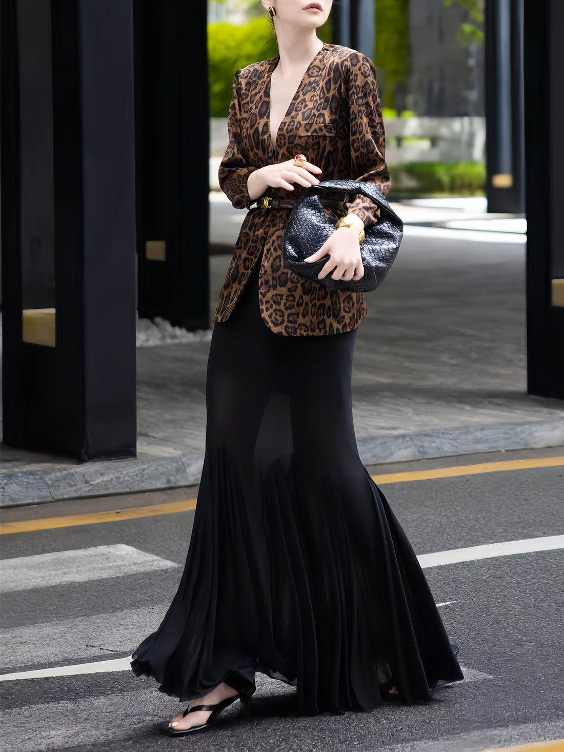 Early Autumn Retro Leopard Print Draped Acetate Blazer