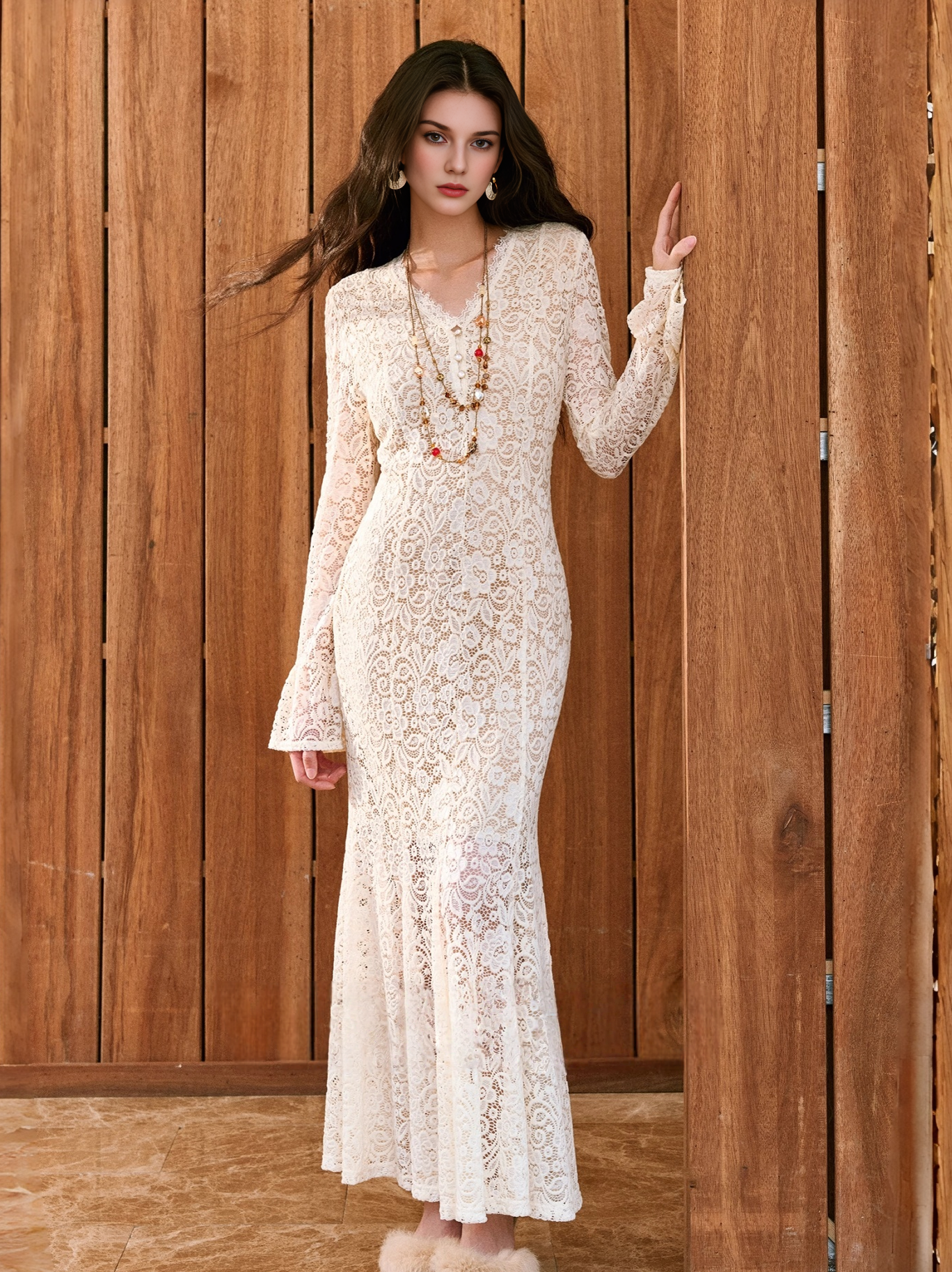 French-Inspired Intricate Lace Cutout Dress – V-Neck Eyelash Lace Panel Fitted Mermaid Dress for Women
