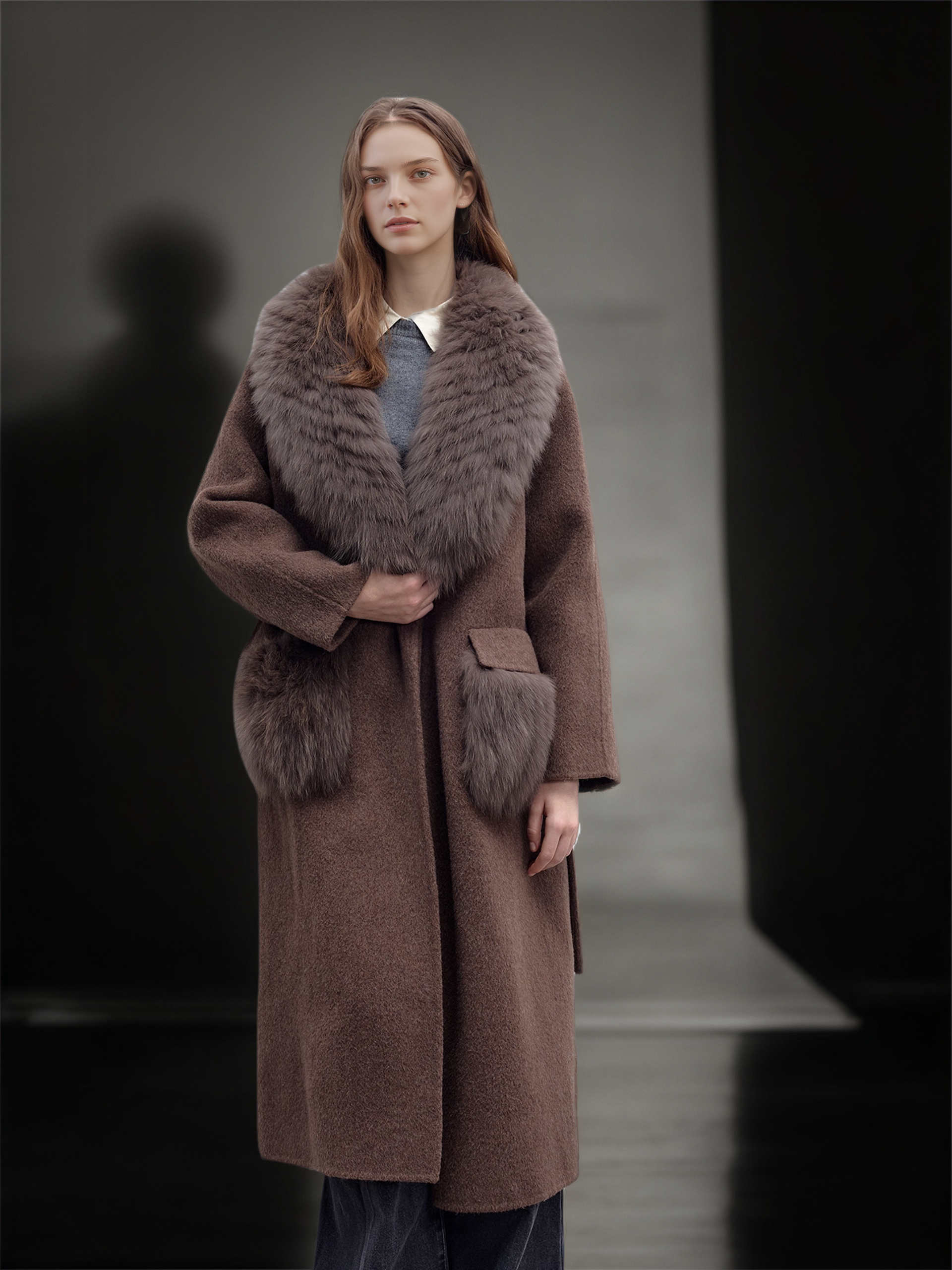 Women’s Long Double-Faced Wool Coat with Fox Fur Collar | 2025 Winter Wool Overcoat