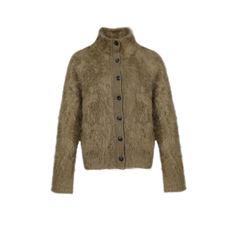 Premium Brushed  Cashmere 100% Stand-Collar Button Cardigan for Women