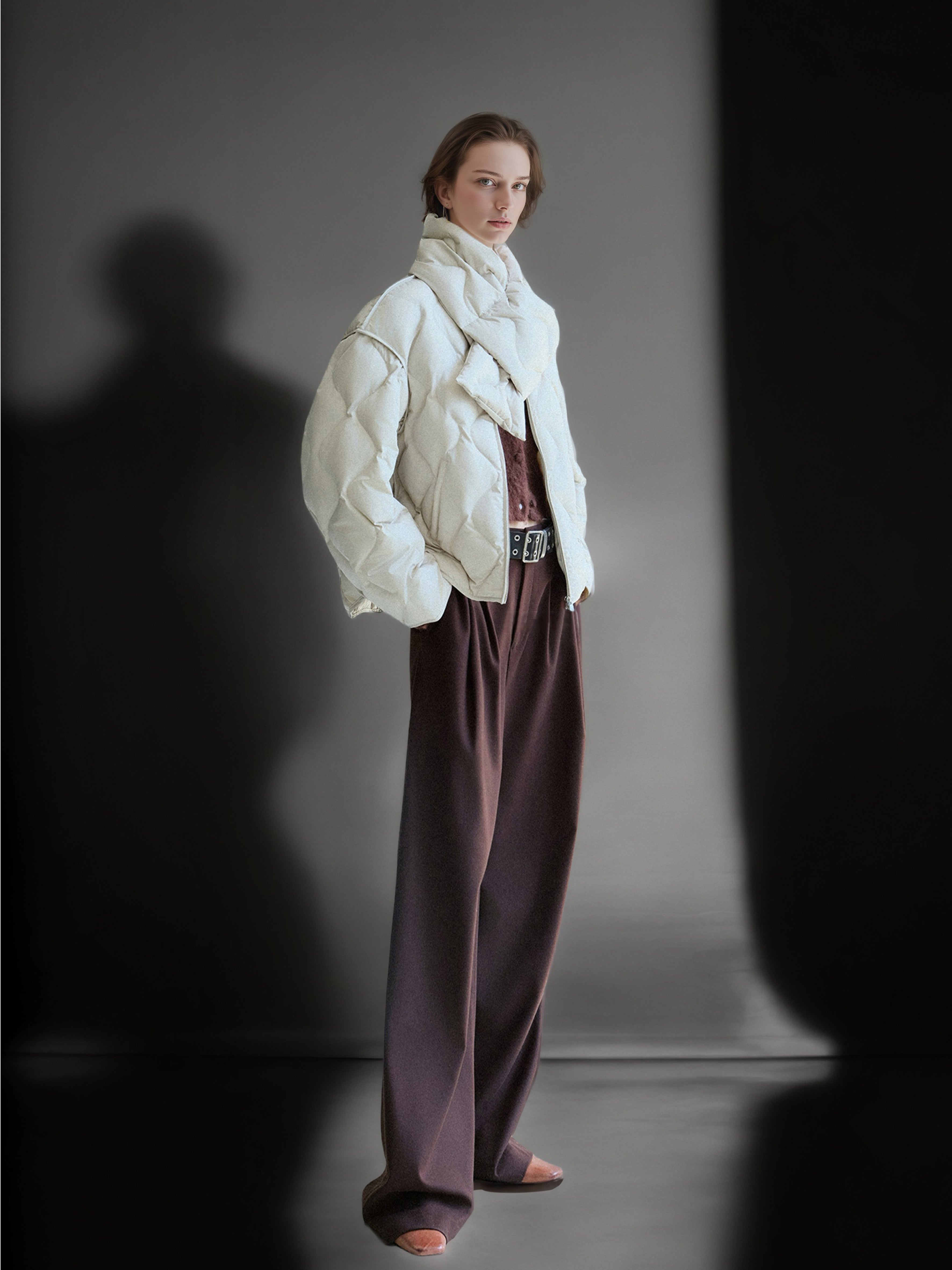 90% Polish White Duck Down Quilted Puffer Jacket for Women Winter with Scarf