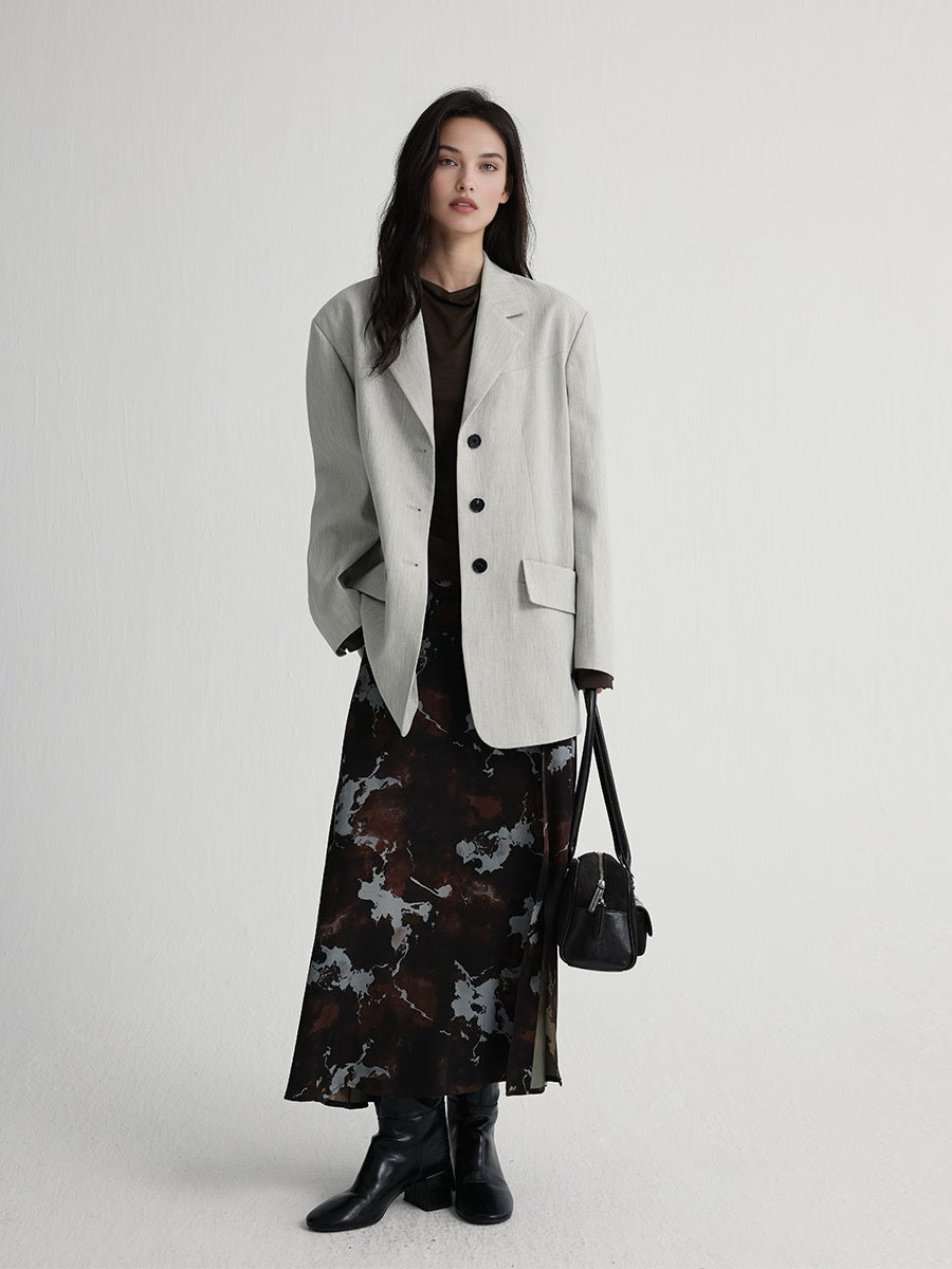 Marble Print Side Slit A-Line Skirt | Elastic Waist Long Midi Skirt