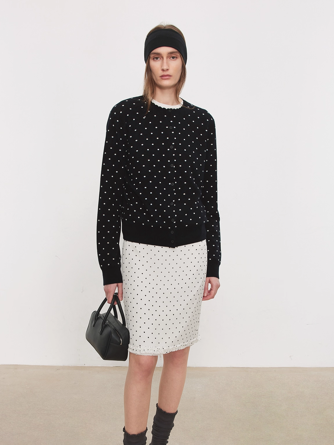 Vintage Double-Layer Jacquard Polka Dot Cardigan | Mercerized Wool Petal-Collar Knit