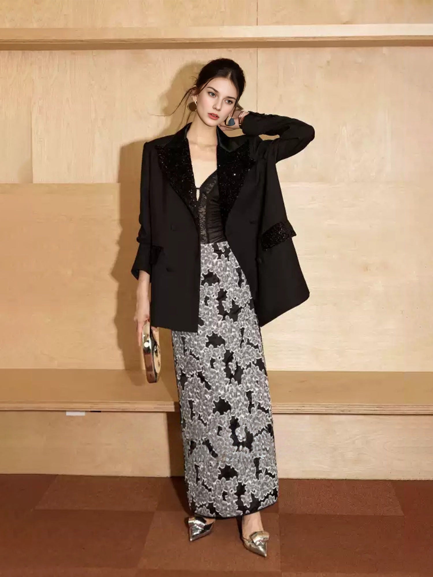 Party Velvet & Sequin Acetate-Satin Blazer – Old-Money Structured Wide-Shoulder Jacket with Contrast Paneling