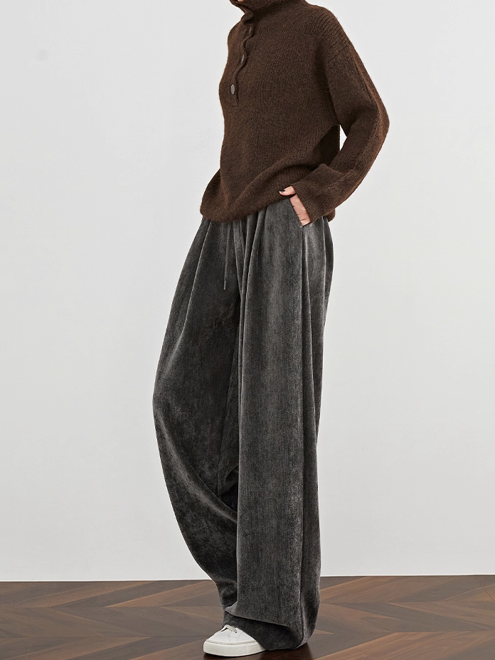 Women's Dark Gray Velvet Wide-Leg Pants – Extended Fall/Winter Chenille Casual Lounge Floor-Length Trousers with Draped Fit