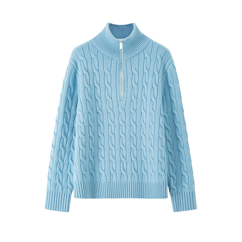 Relaxed Fit Zipper Cable Knit Wool Sweater for Women - Autumn/Winter Casual Sporty Loose Polo Shirt
