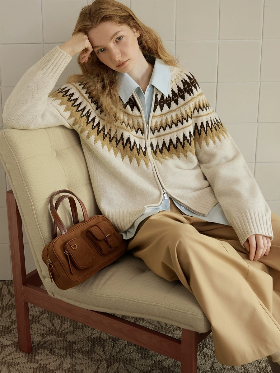 100% Wool Fair Isle Zip-Up Sweater for Women – Winter Knitted Cardigan