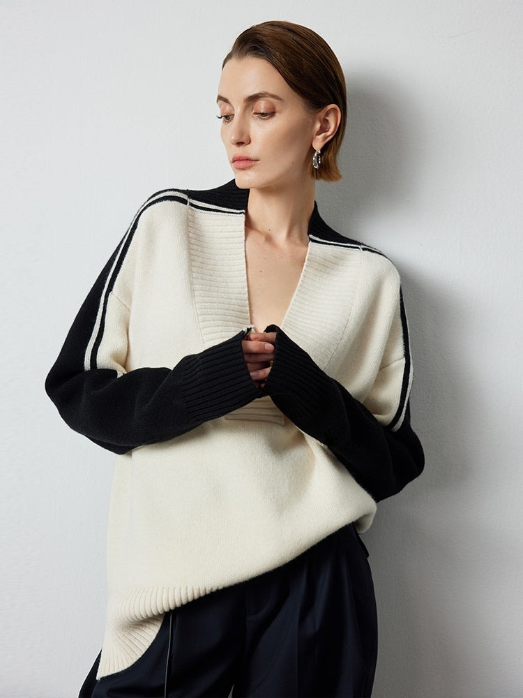 Black & White Color-Block V-Neck Wool Sweater | Oversized Relaxed Fit | Cozy Winter Knit for Women