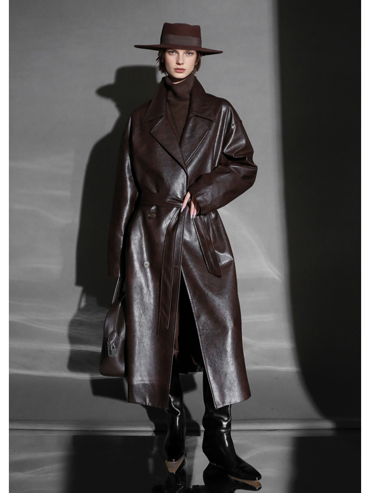 Women’s Sheepskin Leather Trench Coat – Niche Fashion Loose-Fit Mid-Length Stylish Leather Outerwear