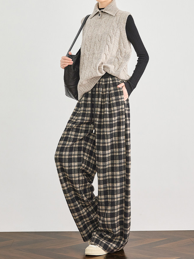 Women's Winter Mocha Plaid Patchwork Wool Wide-Leg Pants – Draped Casual Loose Straight Trousers