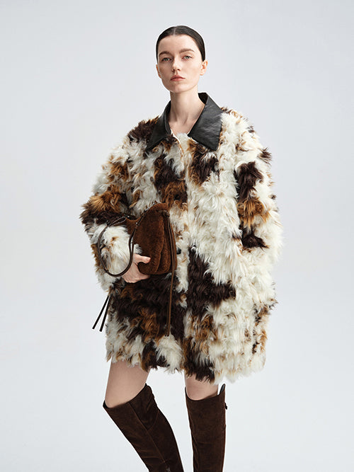 Cow-Pattern Faux Fur Coat for Women – Winter Colorblock Eco-Friendly Fur Jacket with Contrast Collar