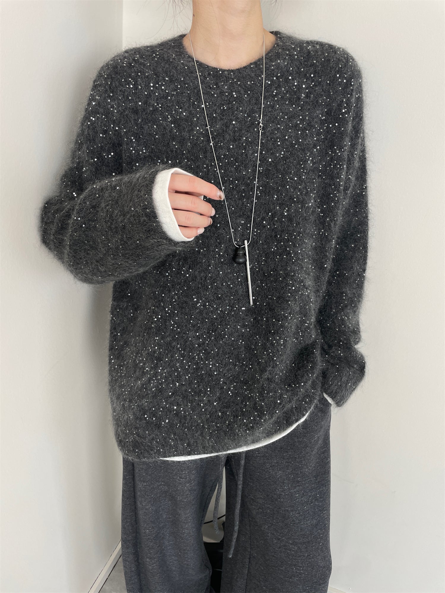 Women’s Premium Mohair Alpaca Wool Sweater | Soft Brushed Knit Pullover with Sequin Yarn for Winter