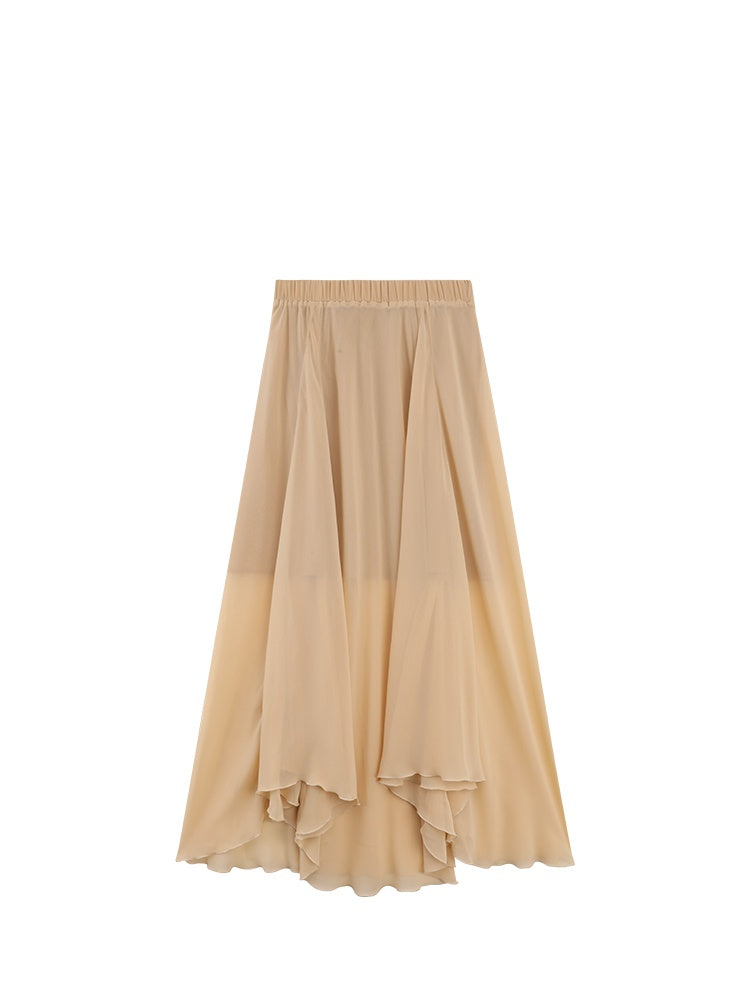 Elegant Luxe Silk Skirt – Flowing Irregular Wave-Hem Midi Skirt for Women