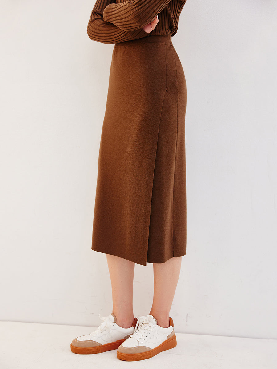 German Wool Yarn Ribbed Knit Pencil Skirt – Elegant Split Hem Wool Midi Skirt for Work