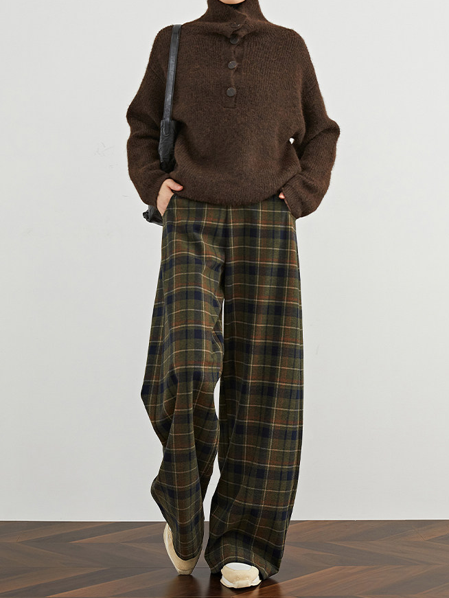 Women's Vintage Plaid Wide-Leg Pants – High-Waist Relaxed Fit Extended Casual Trousers with Elastic Waist