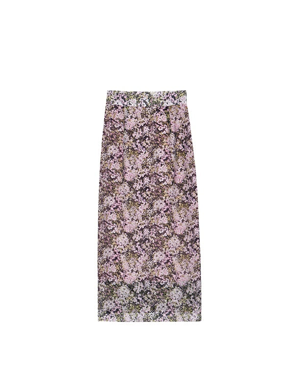 Sheer Acetate Floral Pencil Skirt – Pink High-Waist Midi with Back Slit, Fall Collection
