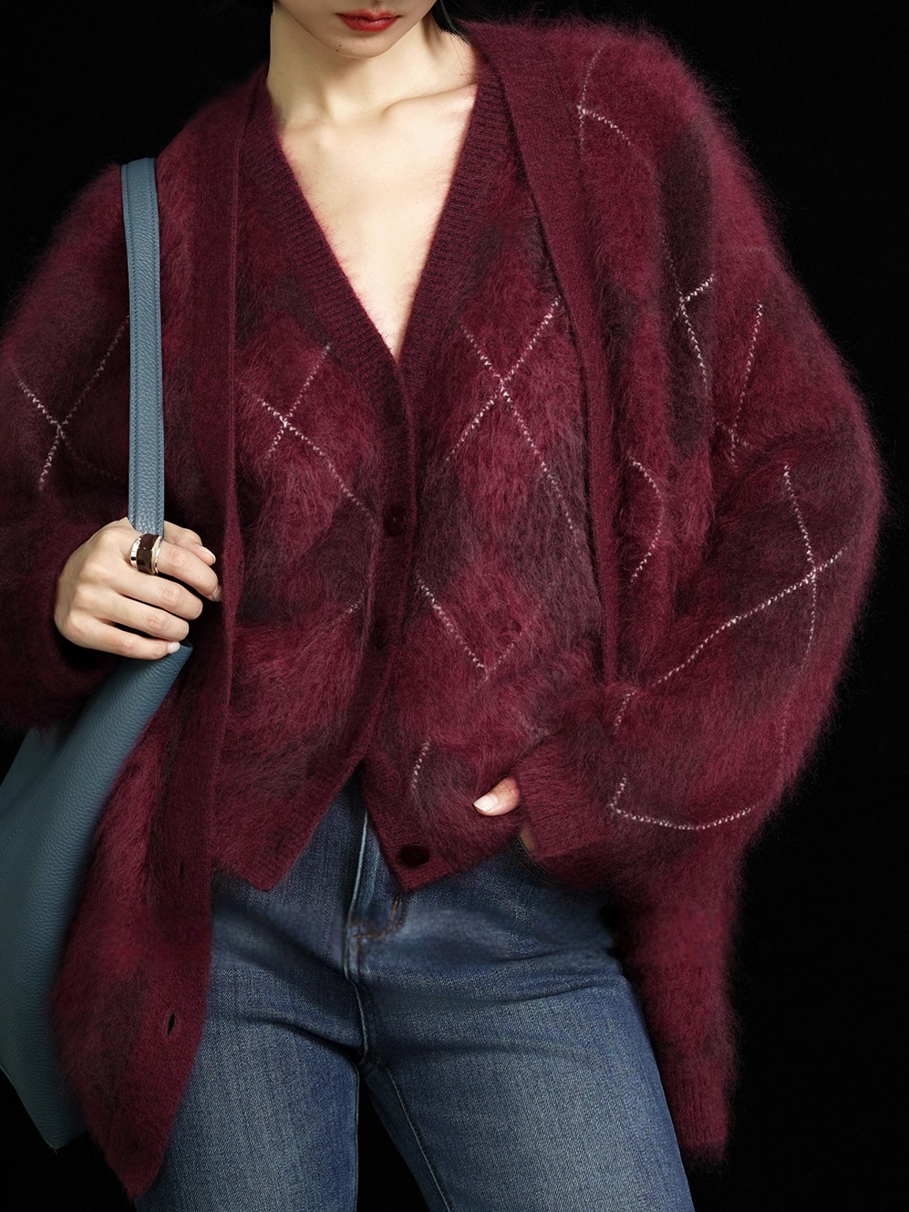 Heavyweight Brushed Knit Vintage Diamond-Pattern Sweater Vest for Women