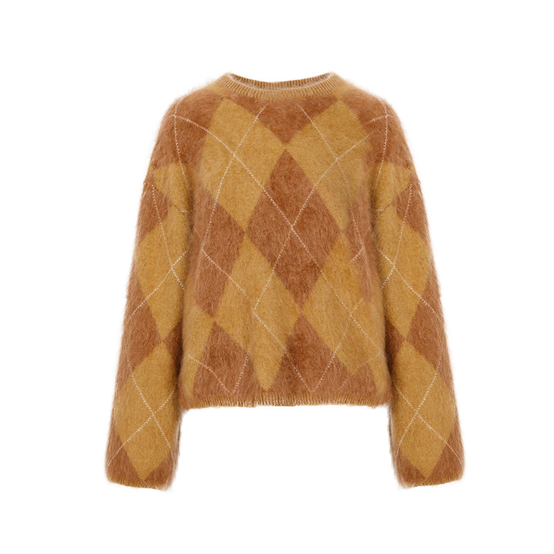 Heavyweight Brushed Knit Vintage Diamond-Pattern Sweater for Women