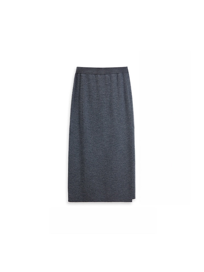 German Wool Yarn Ribbed Knit Pencil Skirt – Elegant Split Hem Wool Midi Skirt for Work