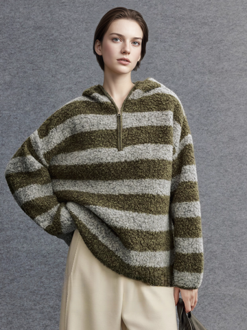 Pure Wool Hooded Striped Sweater for Women | Relaxed Half-Zip Loose-Fit Textured Knit Pullover