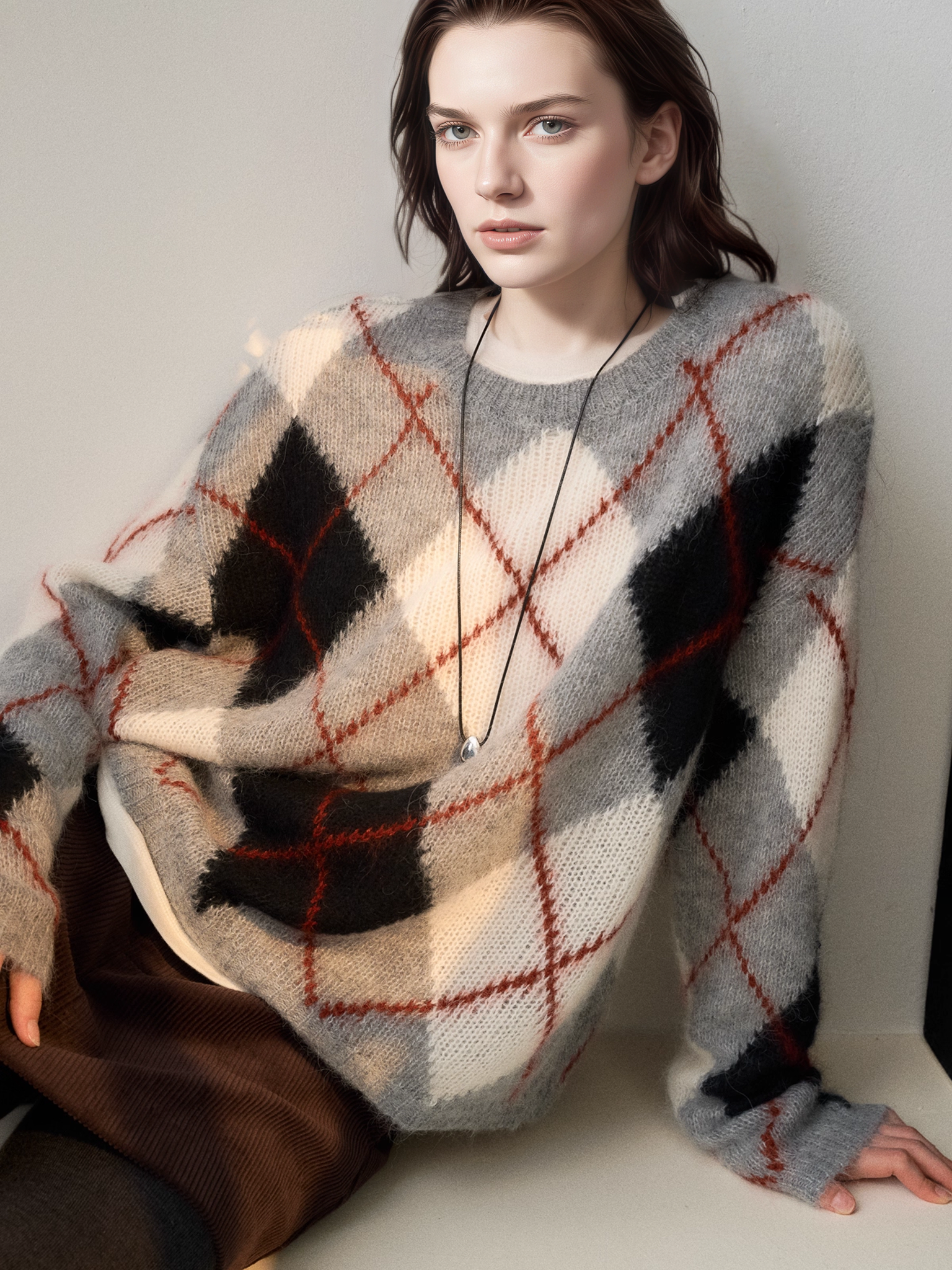 Peruvian Alpaca Wool Diamond-Pattern Pullover Sweater | Warm, Breathable Color-Contrast Knit