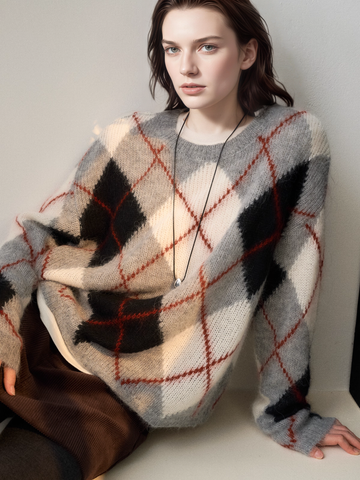 Peruvian Alpaca Wool Diamond-Pattern Pullover Sweater | Warm, Breathable Color-Contrast Knit