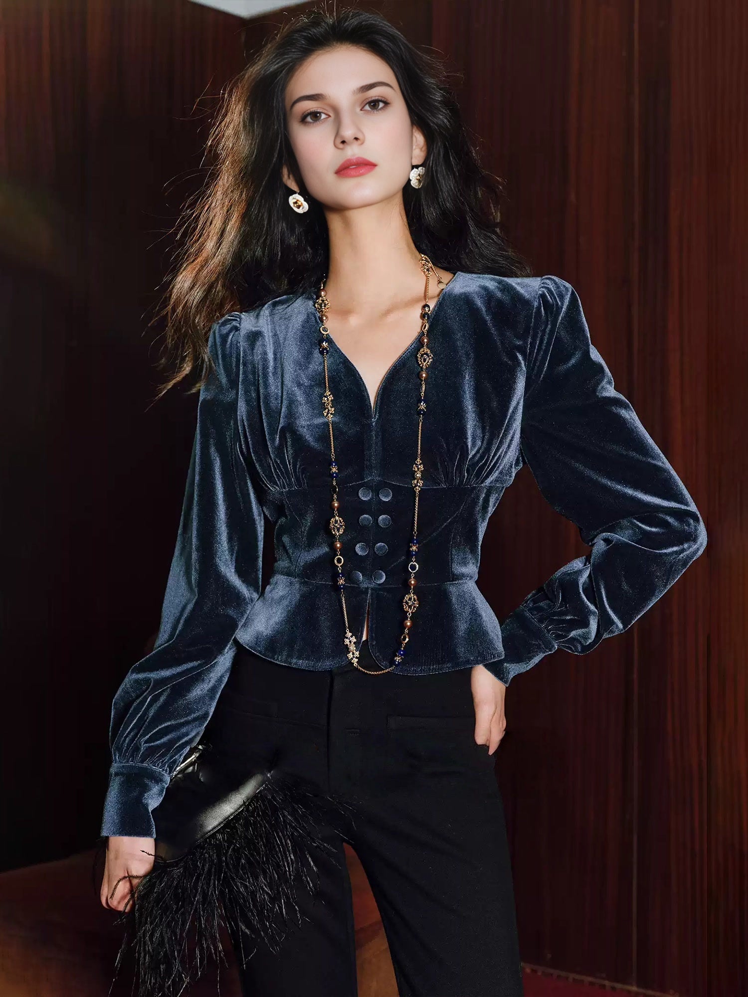 Shimmer Velvet Party Top for Women – Tailored Puff-Sleeve French V-Neck Ruched Short Blouse