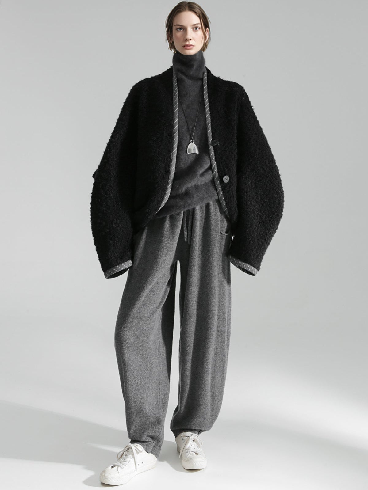 Old Money Style Batwing Sleeve Cardigan Coat for Women – Double-Faced Alpaca Wool Cape with Leather Trim and Speckled Dot Detail