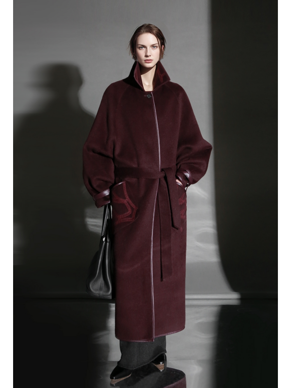 Chain Pattern Wool Coat for Women – Double-Faced Alpaca Wool Overcoat with Leather Trim, Chic Oversized Silhouette Winter Outerwear