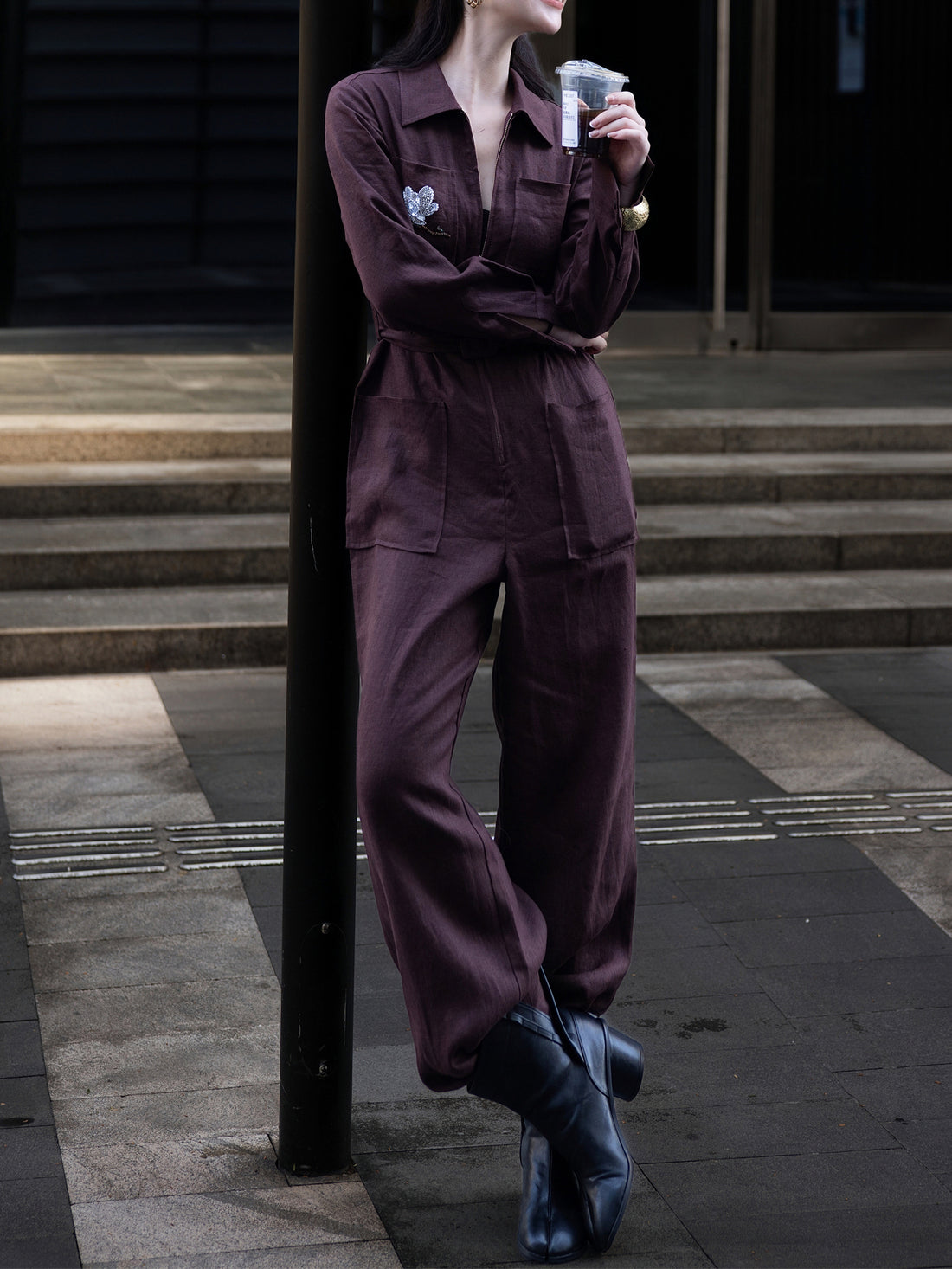 Retro Linen Jumpsuit – Beaded Detail, Loose-Fitting Slimming Wide-Leg Design