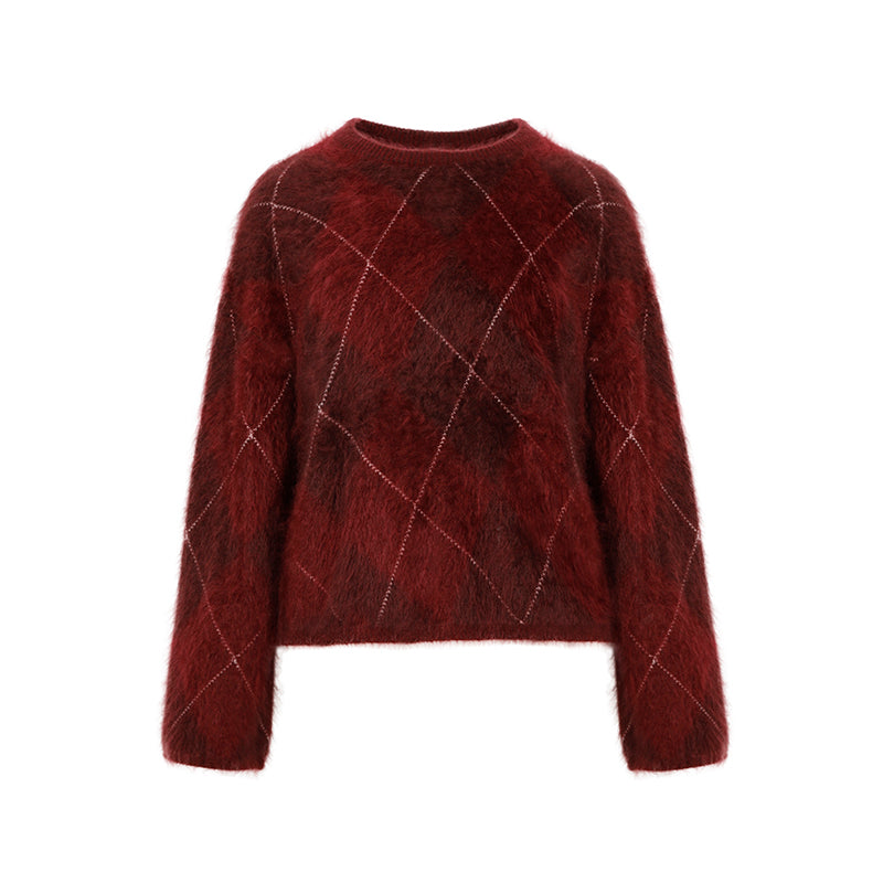 Heavyweight Brushed Knit Vintage Diamond-Pattern Sweater for Women