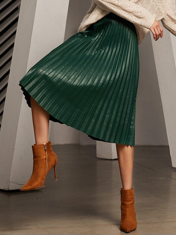 Women's Elegant Vintage High-Waisted Lambskin Leather Pleated Midi Skirt – Luxury Genuine Leather Skirt