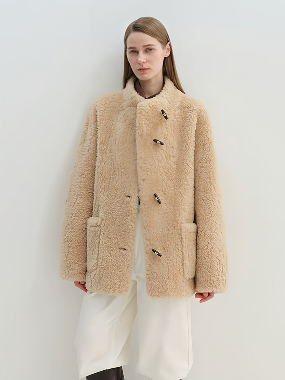 Stand-Collar Textured 100% Wool Shearling Coat for Women — Mid-Length Faux Sheepskin Outerwear