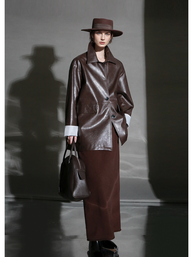 Brown Lambskin Leather Jacket for Women – Short Turn-Down Collar Biker Coat with Striped Cuffs, Chic Fall Outerwear