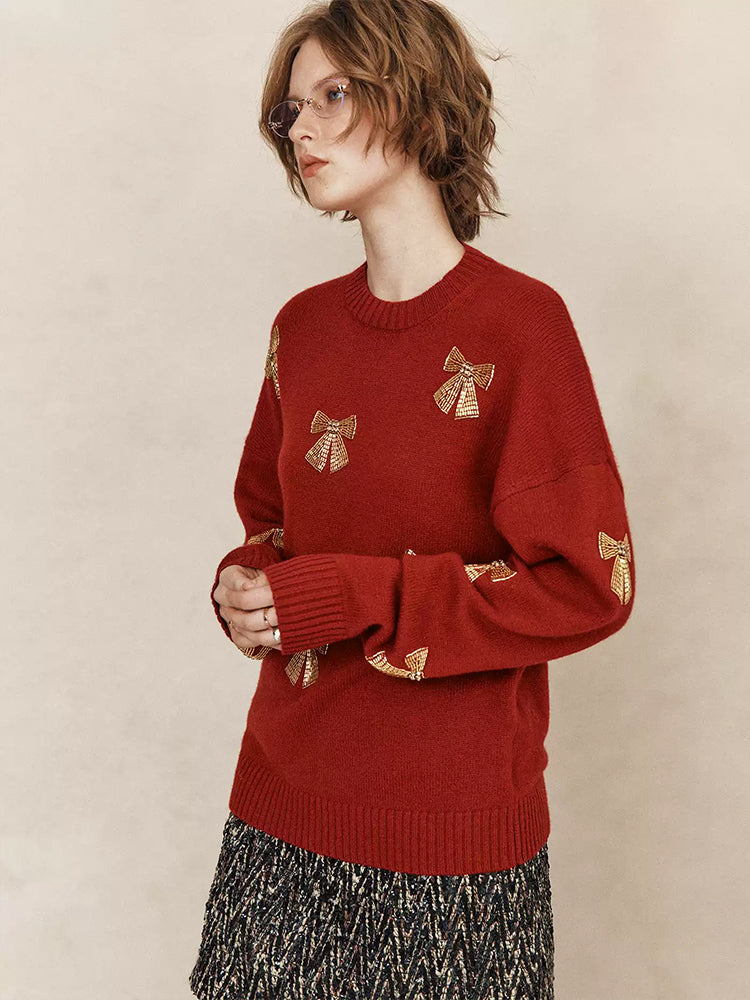 Christmas Collection Beaded Wool Sweater for Women – 100% Merino Wool Crewneck with Bow Detail