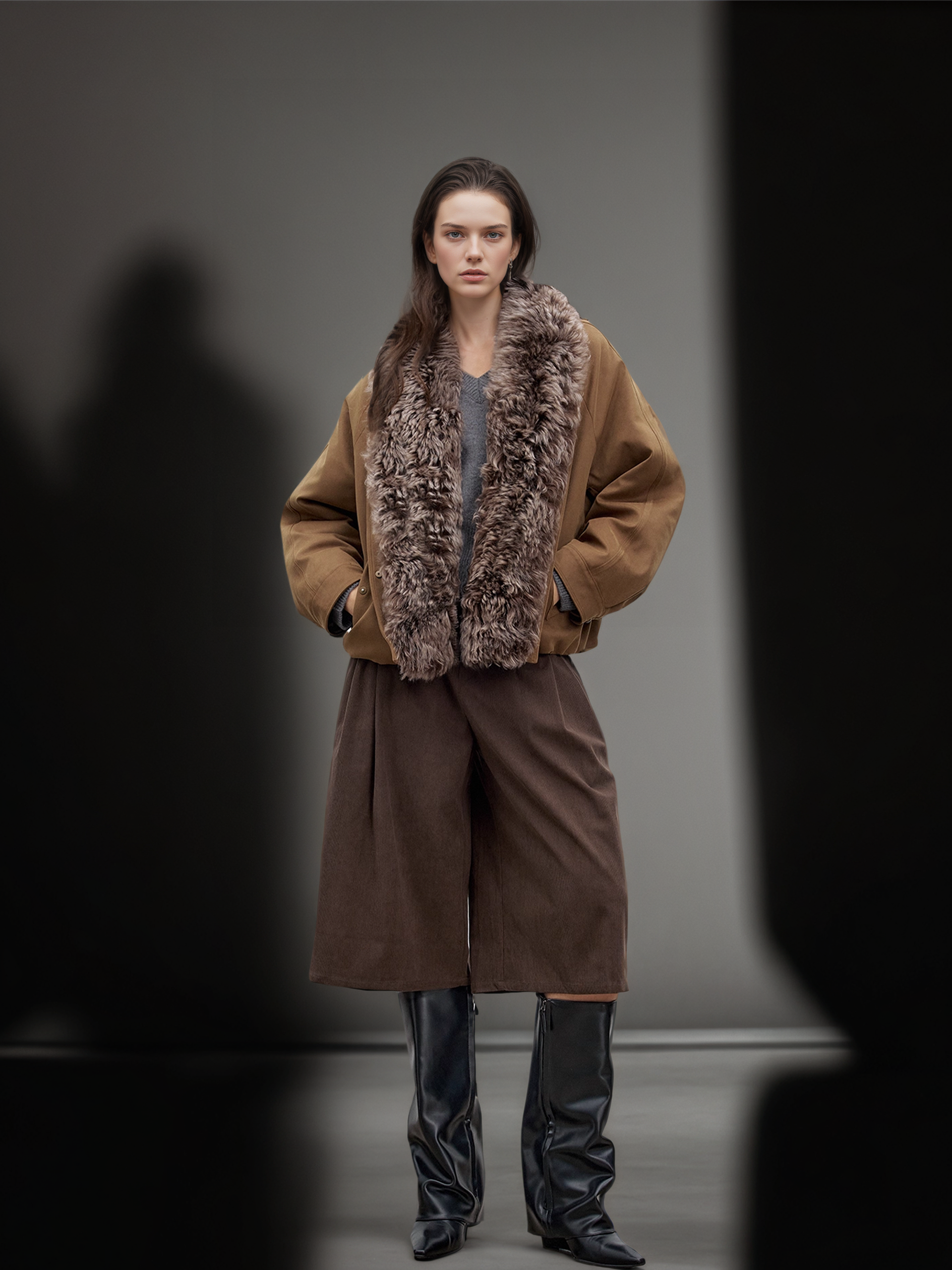 Women’s Short Down Parka with Shearling and  Fur Collar | 90% White Goose Down Winter Coat