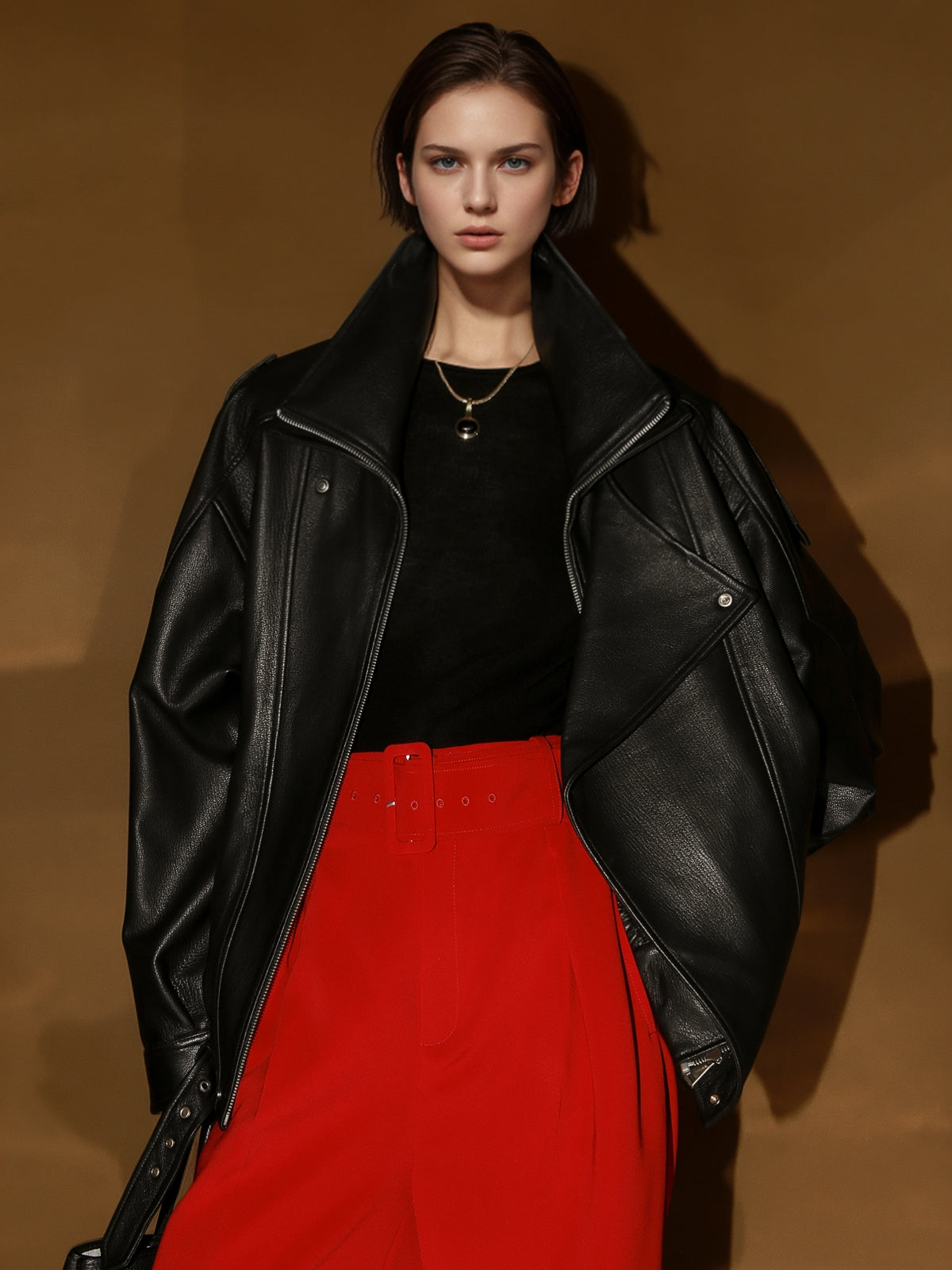 Vegetable-Tanned Goatskin Leather Jacket for Women – Double-Layer Genuine Leather Moto Coat for Fall Winter