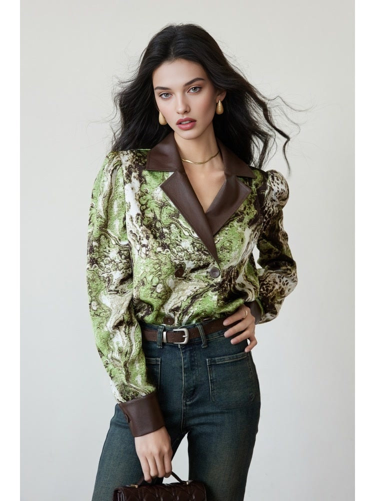 Satin Print & Eco Leather Spliced Double-Breasted Shirt – Floral Long Sleeve with Notched Lapel