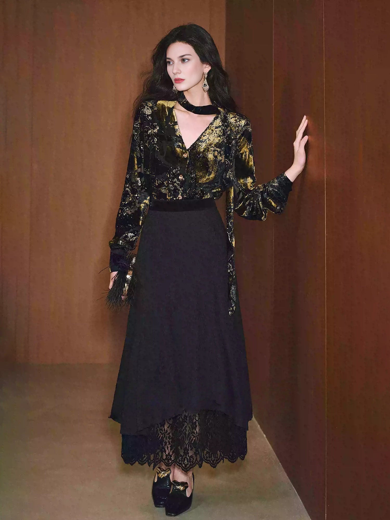 Party Gilded Velvet Burnout Blouse – High-Density Foil Velvet, Deep V-Neck Tie Detail, Relaxed Fit Shirt