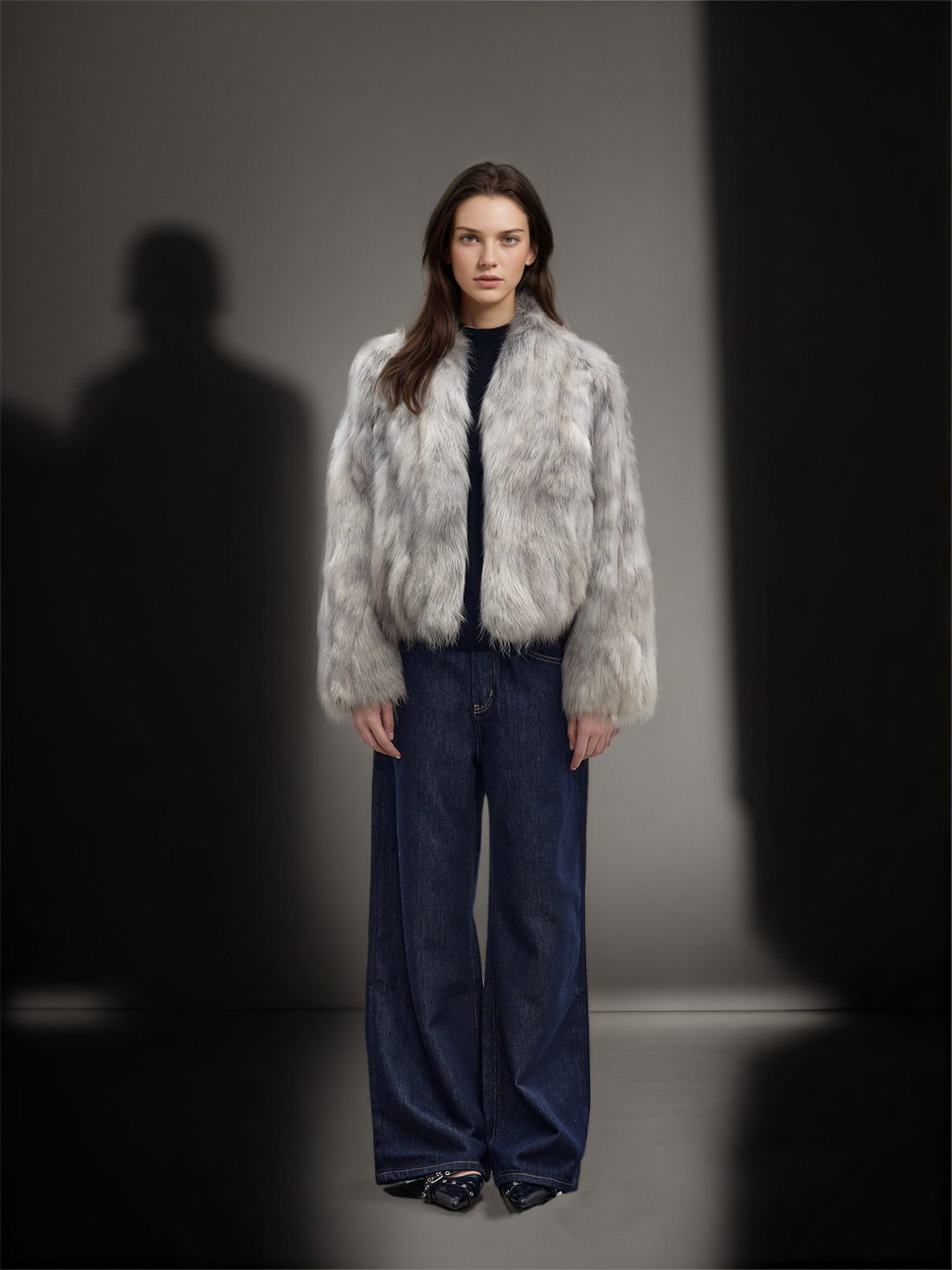 Women’s Raccoon Fur Jacket | Short Two-Tone Ombre V-Neck Winter Coat