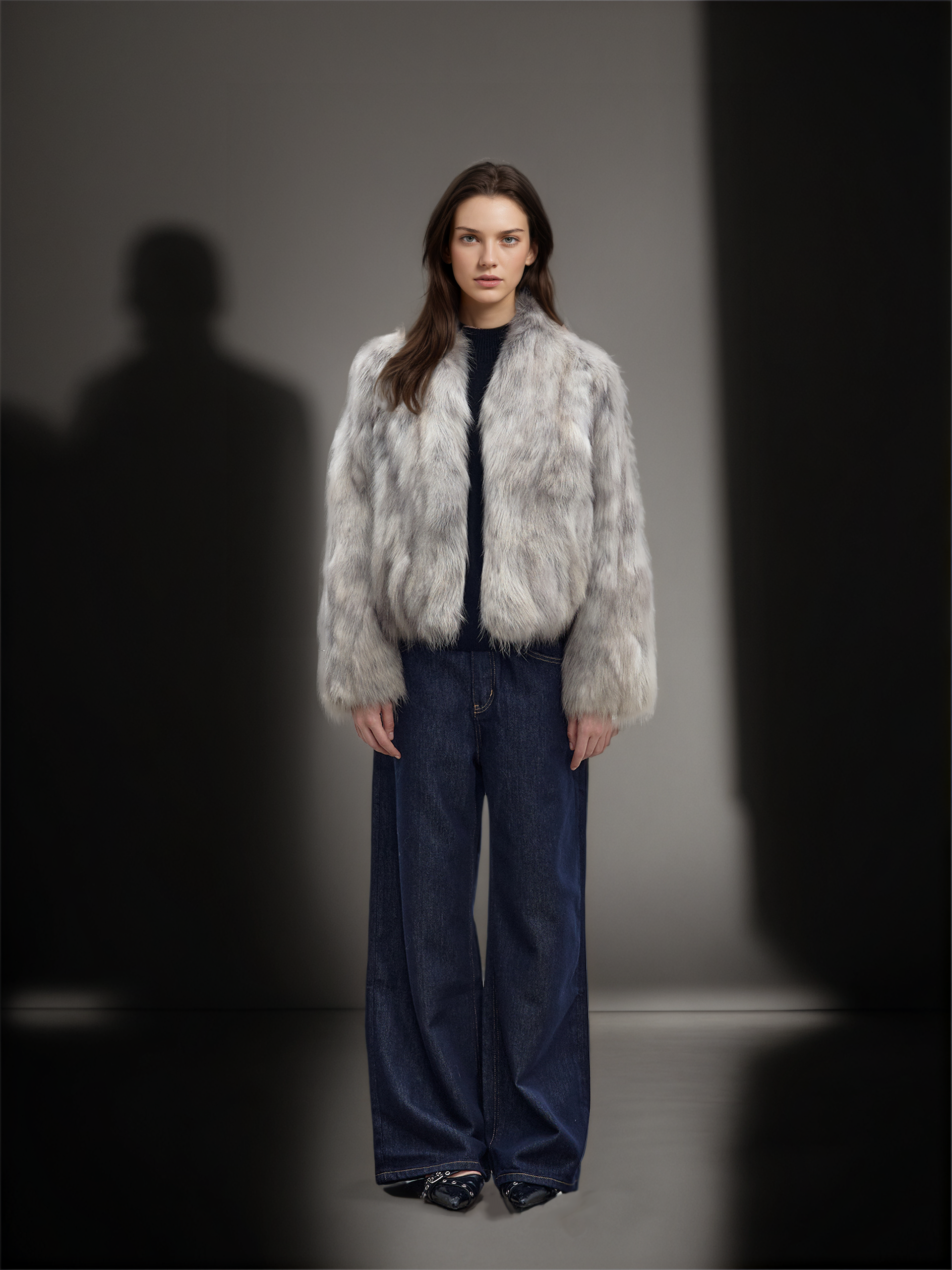 Women’s Raccoon Fur Jacket | Short Two-Tone Ombre V-Neck Winter Coat