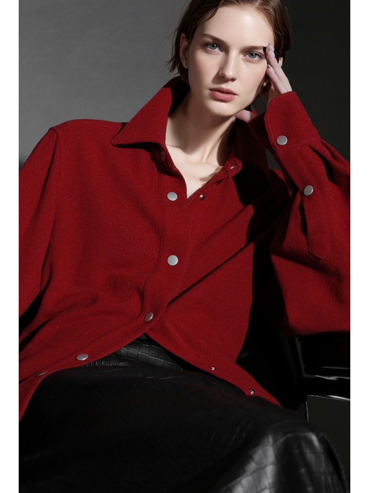 Old Money Style Wool Textured Shirt for Women – Luxury Fitted Button-Up Blouse with Metal Details, Fall Winter Collection