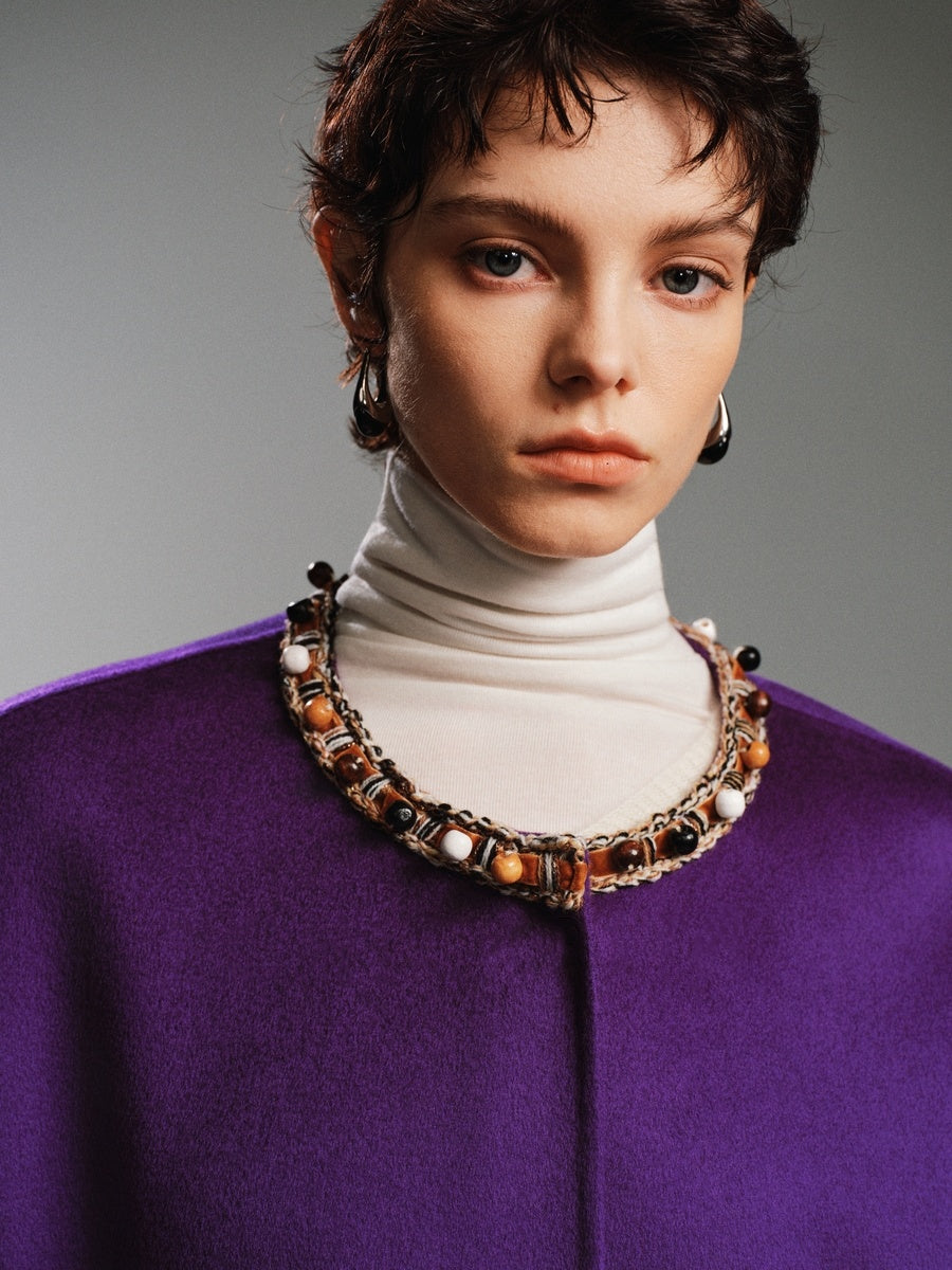 20% Cashmere Original Design Double-Faced Wool Coat for Women – Beaded Embellished Mid-Length Overcoat