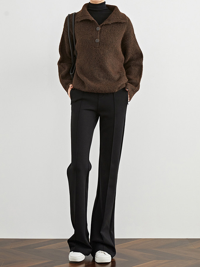 Women's Black Horseshoe Pants – Fleece-Lined Slim Straight Slightly Flared Casual Trousers for Fall/Winter