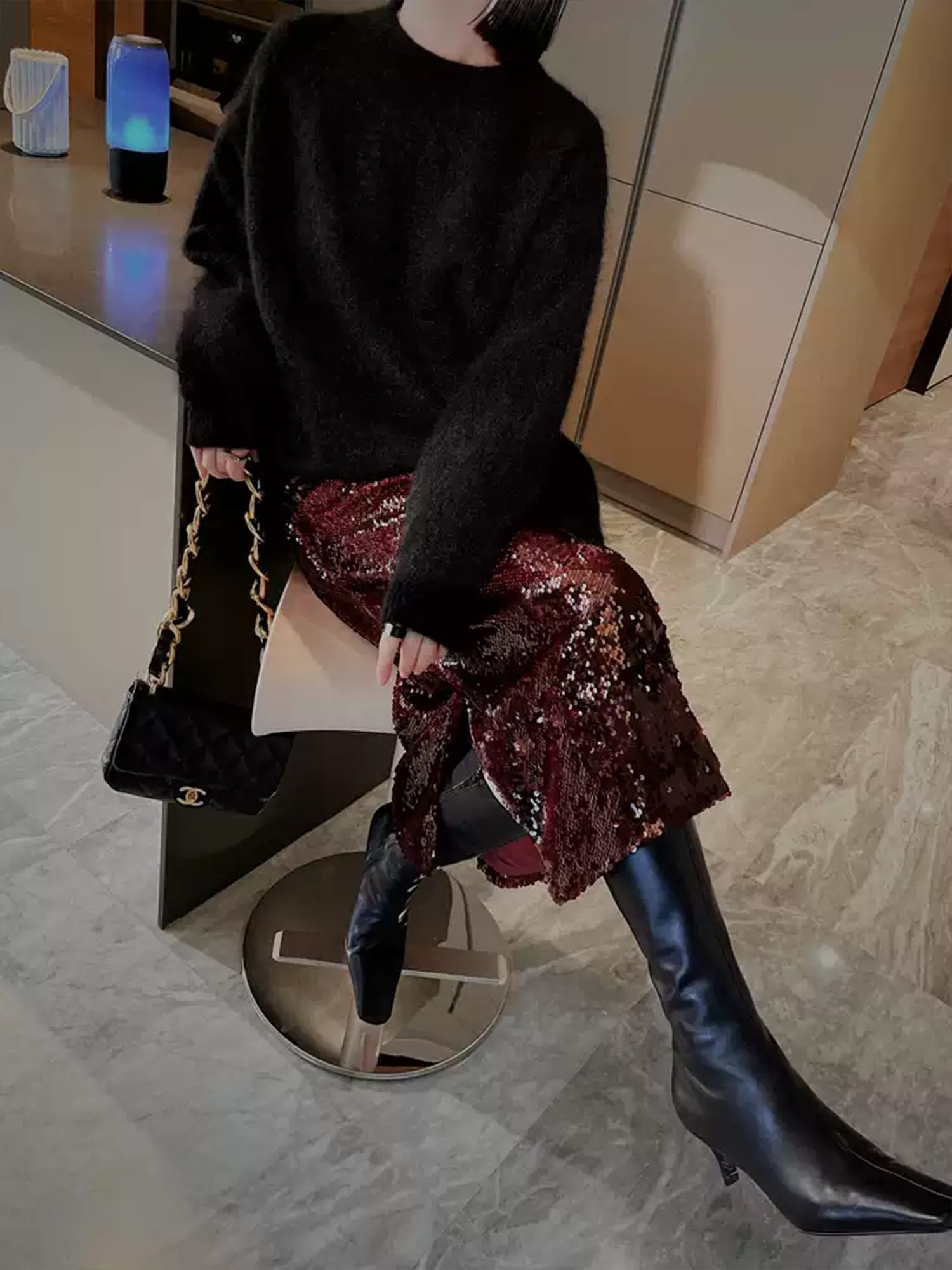 Christmas Party High-Waisted Sequin Pencil Skirt – Slim-Fit Midi Skirt with Side Slit