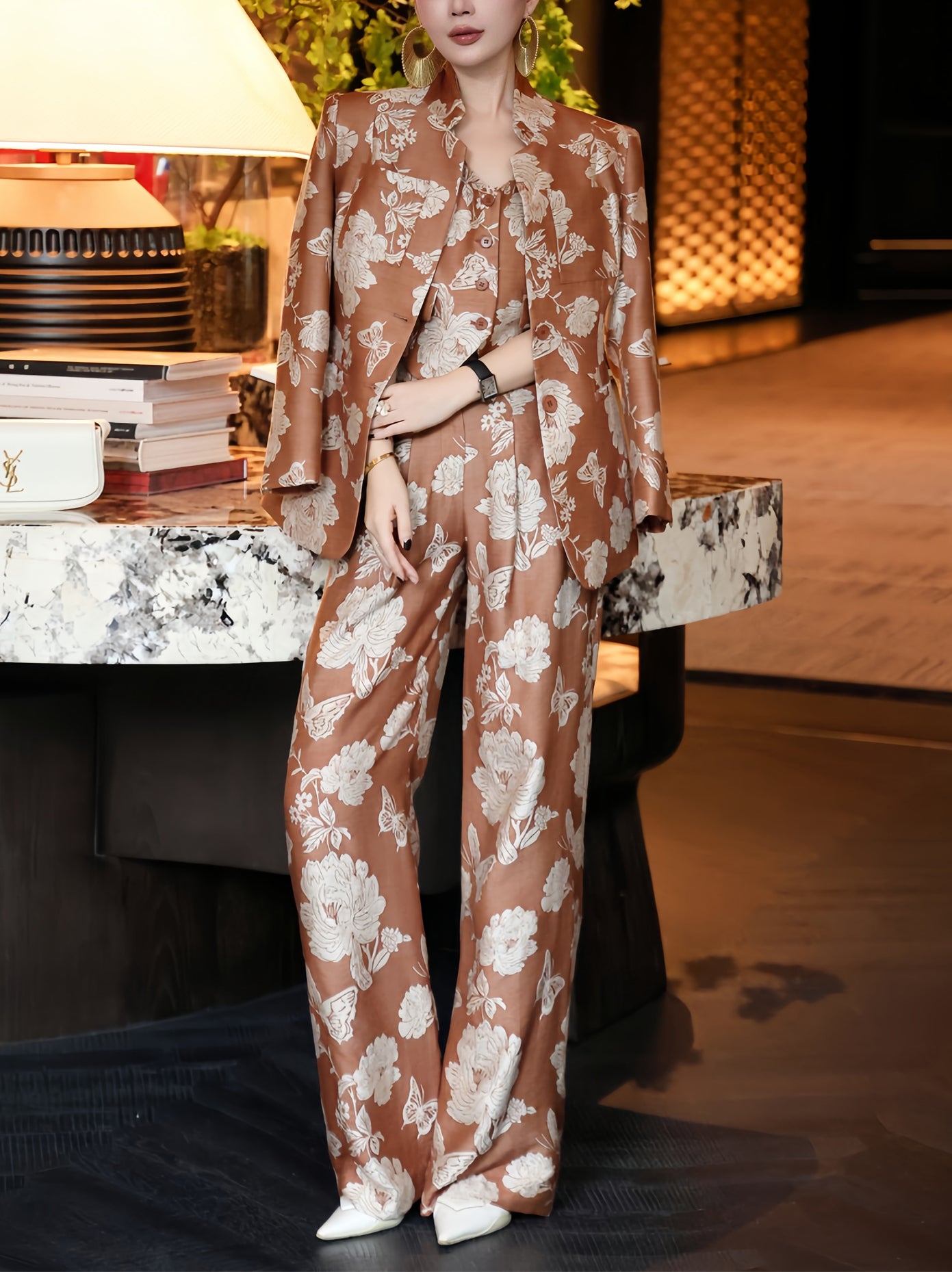 Haute Couture Jacquard Three-Piece Set – Designer Autumn Blazer, Vest & Trousers