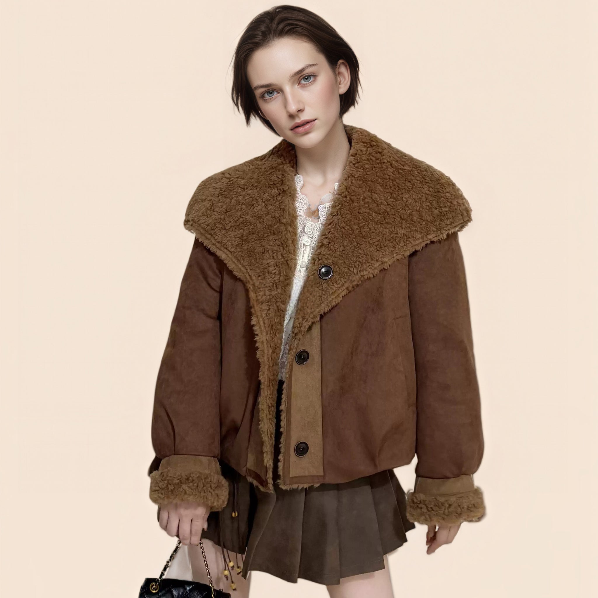 Reversible Suede-Finish Coat for Women – Faux Shearling Lined Winter Short Jacket with Lapel Collar